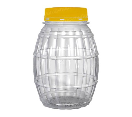Прозрачная пластиковая банка для меда в форме большого бочонка с ребристыми стенками 