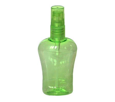 Зеленый флакон с насадкой спреем из прозрачного пластика для наливных духов и другой парфюмерии