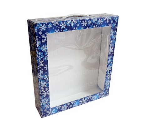 Картонная коробка чемодан с ручкой, окном и цветным принтом для упаковки товаров