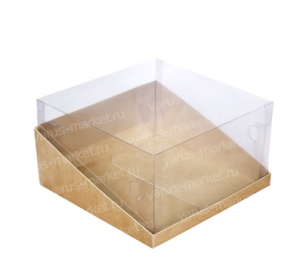 Квадратная крафт коробка трапеция со встроенным дном и прозрачной крышкой внутрь