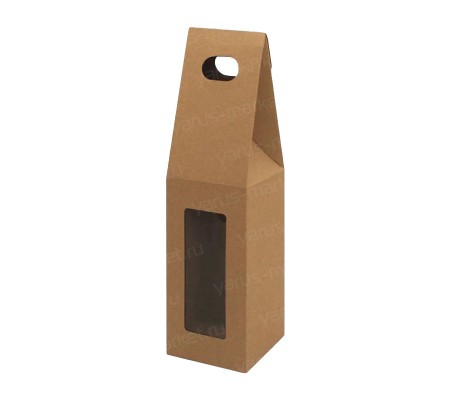Коробка домик из картона с прорубной ручкой для упаковки бутылки
