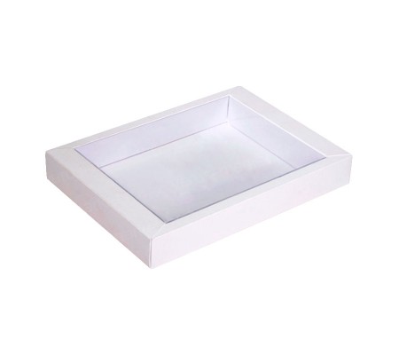 Прямоугольная картонная коробка с бортом и прозрачной крышкой внутрь
