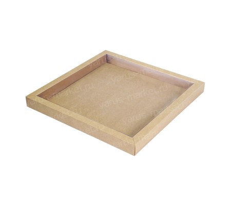 Плоская прямоугольная коробка из картона с прозрачной крышкой внутрь
