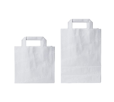 Белый крафт пакет с плоскими ручками и донной складкой для фасовки продуктов и товаров
