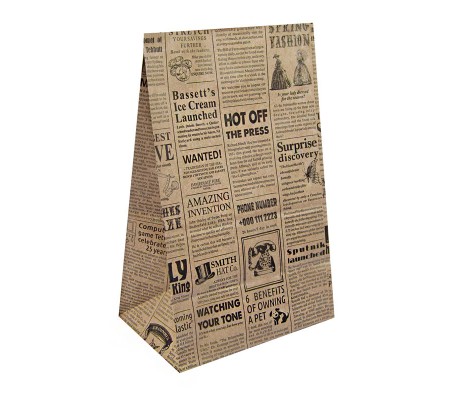 Бумажный пакет с плоским дном и газетным принтом 