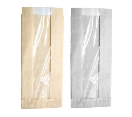 Бумажный пакет с плоским дном и прозрачным окном для упаковки выпечки и кондитерских изделий