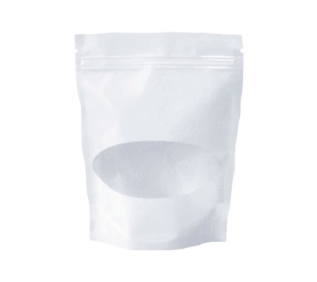 Белый дой-пак из пленки ПЭТ с овальным прозрачным окном для упаковки весовой пищевой продукции