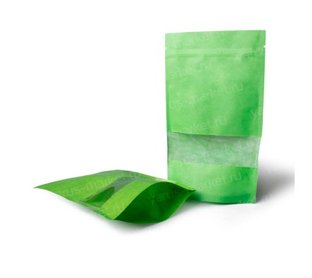 Дой-пак крафт светло-зеленого цвета с прямоугольным окном и замком зип-лок для упаковки пищевых продуктов