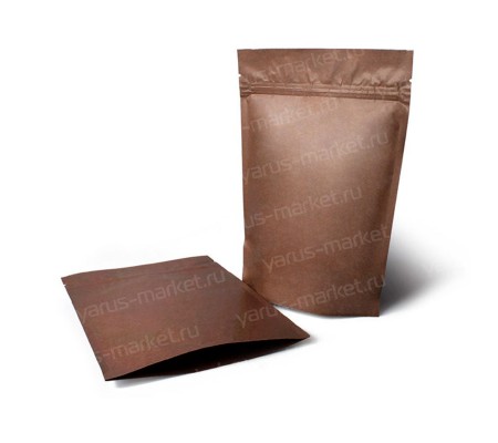 Темно-коричневый крафт-пакет дой-пак с металлизированным внутренним слоем для сохранения температуры 