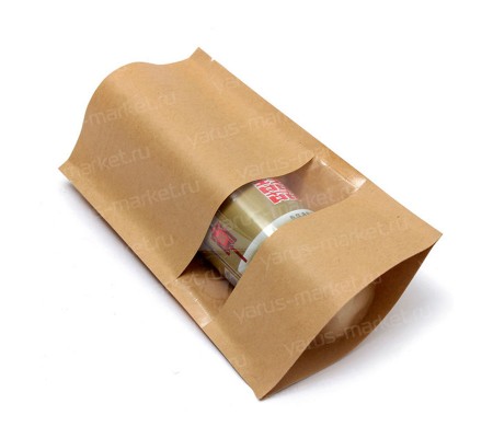 Пакет дой-пак из крафтовой бумаги с прозрачным окном для упаковки колбасы и сыровяленых деликатесов