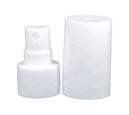 Белый кнопочный распылитель из пластика с горловиной 24/410 миллиметров и прямым колпачком для винтовых флаконов