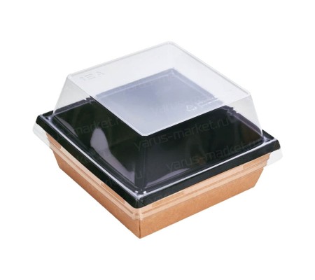 Квадратный контейнер черный крафт с купольной крышкой для салатов и закусок