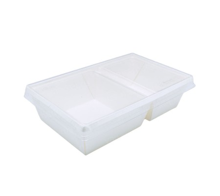 Белый бумажный контейнер на две секции с крышкой для готовой еды
