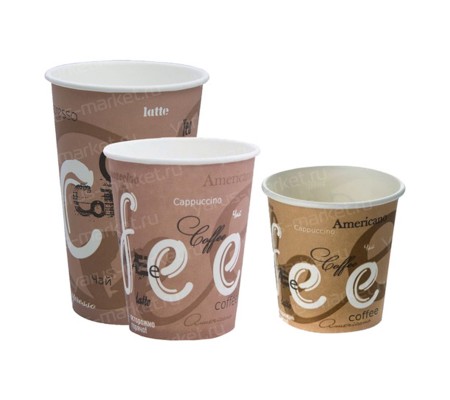 Однослойный бумажный стакан с рисунком и надписью Кофе для горячих и холодных напитков 