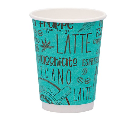 Бирюзовый бумажный стакан двухслойный с принтом для кофе, латте или капучино