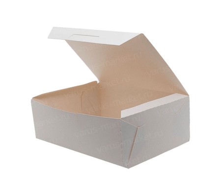 Белая прямоугольная крафт-коробка совмещенной крышкой для упаковки нагетсов и других закусок
