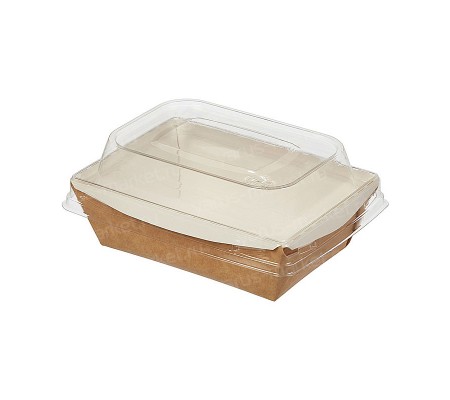 Прямоугольный крафт-контейнер бурый с белым в комплекте с высокой купольной крышкой для упаковки готовых блюд