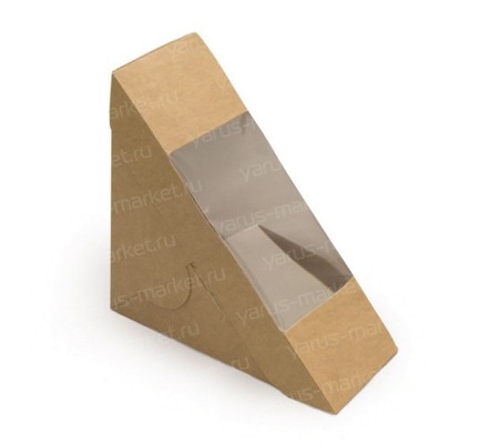 Контейнер для сэндвичей треугольный из крафт-картона с прозрачной вставкой 