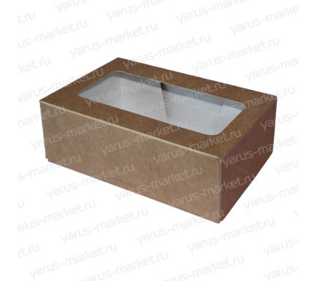 Картонная бурая коробка для пирожных с окном и откидной крышкой