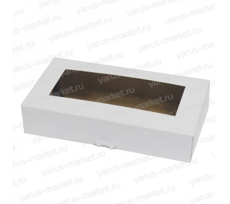 Белая картонная коробка с откидной крышкой, замком-фиксатором и окном для кондитерской упаковки 