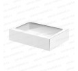 Белая картонная коробка с откидной крышкой, замком-фиксатором и окном для кондитерской упаковки 