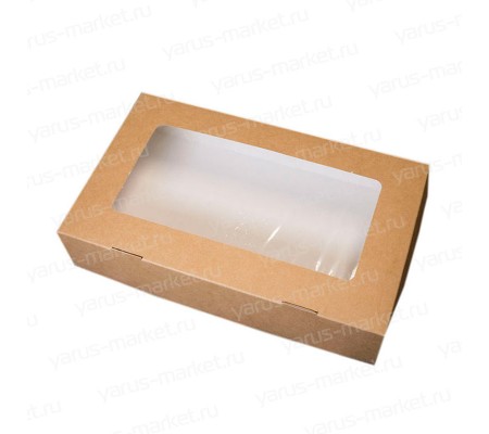 Бурая картонная коробка с откидной крышкой и квадратным окном для упаковки пирожных и выпечки