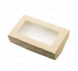 Бурая картонная коробка с откидной крышкой и квадратным окном для упаковки пирожных и выпечки