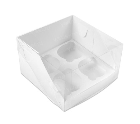 Квадратная коробка трапеция для 4 капкейков с прозрачной крышкой 