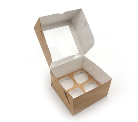 Картонная коробка для четырех капкейков с совмещенной крышкой и окном