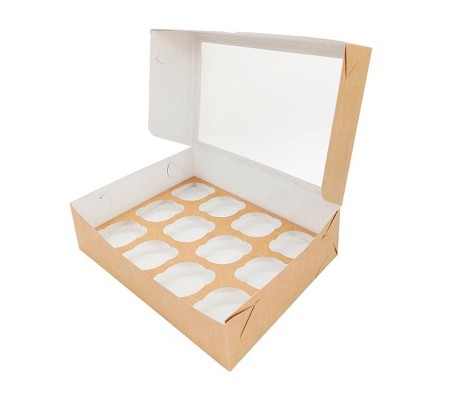Картонная коробка на 12 капкейков, маффинов или кексов с откидной крышкой и окном