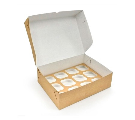Картонная коробка на 12 капкейков, маффинов или кексов с откидной крышкой