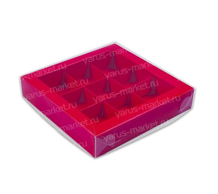 Квадратная коробка для 9 конфет с вкладышем и прозрачной крышкой
