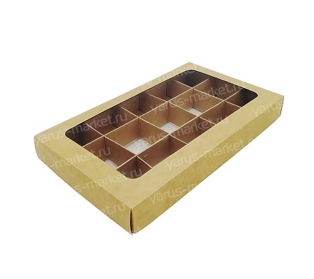 Прямоугольная крафт коробка для 15 конфет с окном