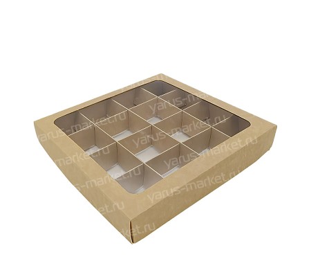 Квадратная крафт коробка для 16 конфет с окном