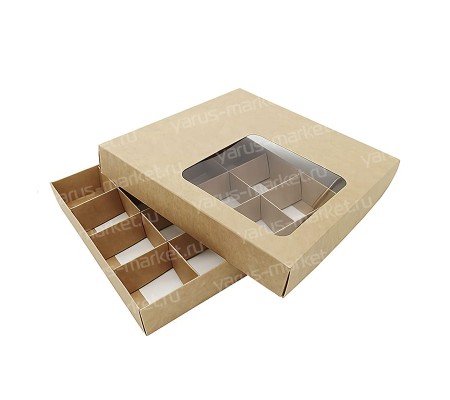 Квадратная крафт коробка для 16 конфет со смещенным окном
