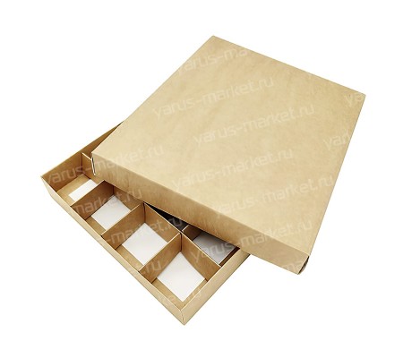Квадратная крафт коробка для 16 конфет с крышкой и разделителем