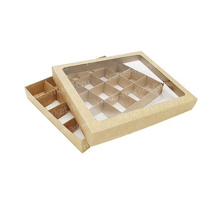 Прямоугольная крафт коробка для 20 конфет с окном на крышке