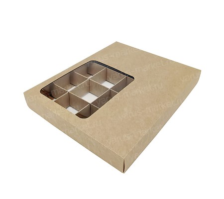 Прямоугольная крафт коробка для 20 конфет со смещенным окном на крышке