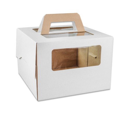 Закрытая коробка куб под торт с демо-окном и двумя ручками