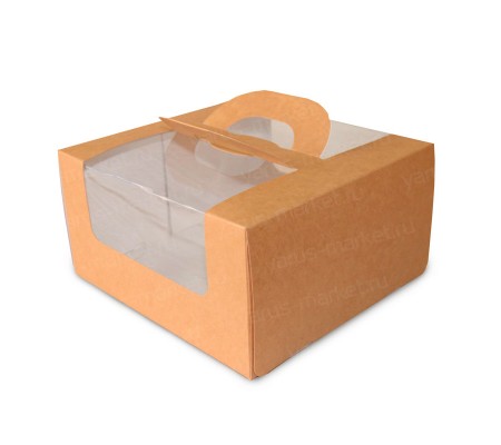Квадратная крафт-коробка под торт с прозрачным окном и ручками 