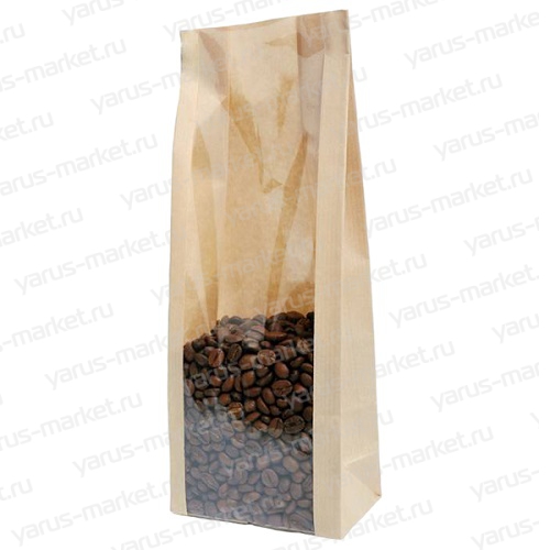 Пакет под чай/кофе из бежевой крафт бумаги с ламинацией, с окном