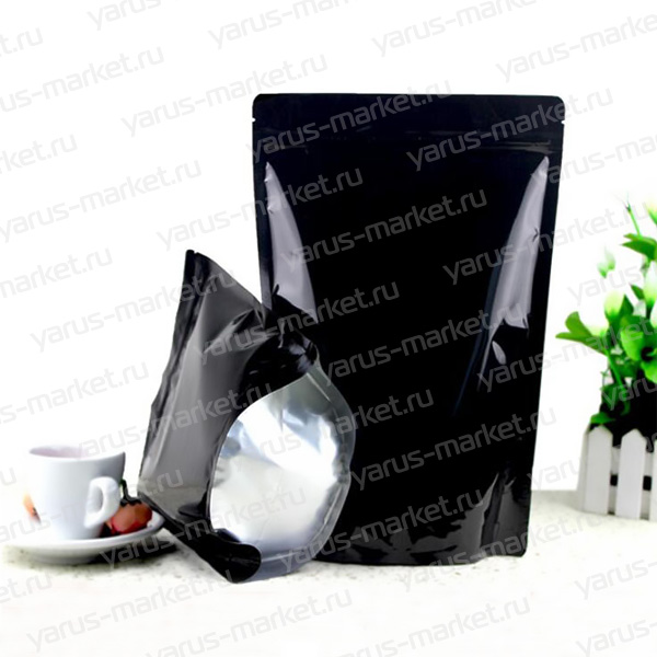 Черный металлизированный дой-пак с зиплоком для упаковки чая и кофе